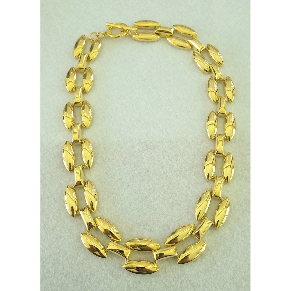 Heavy Gold Tone Marquise Link Statement Necklace Toggle Clasp 19" 85g
